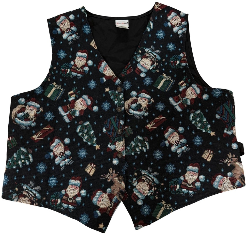 Vtg Bobbie Brooks Womens XL 16-18 Christmas Tapestry Vest Santa Reindeer Black